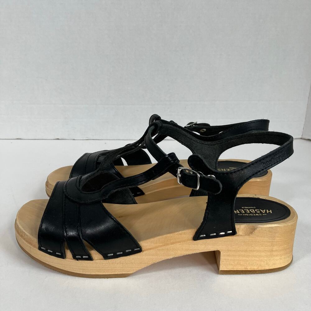 Swedish Hasbeens Ulla Low Sandals Size US 11 EU 41 Black Leather Wood Platform - Picture 10 of 16